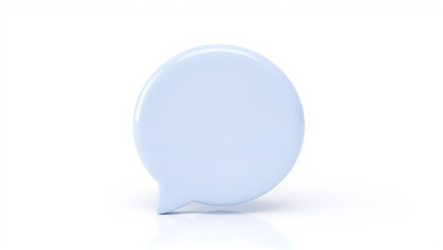 Pale blue speech bubble rests upon reflective surface. Minimalist design, clean aesthetic, simple form. Soft lighting highlights rounded shape.