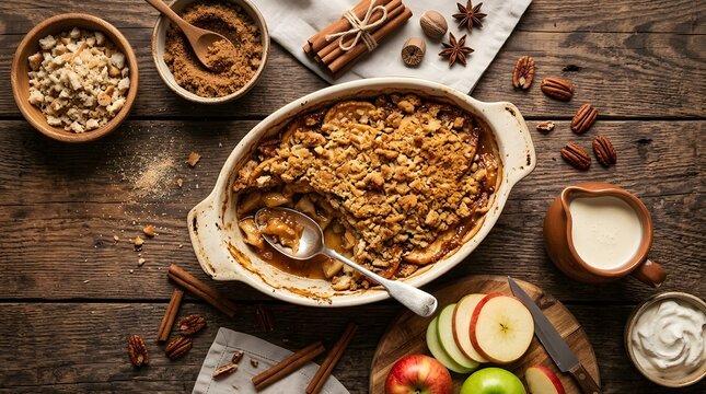 Freshly baked apple crumble in a ceramic dish with cinnamon sticks and pecans on a rustic wood table perfect for National Apple Betty Day