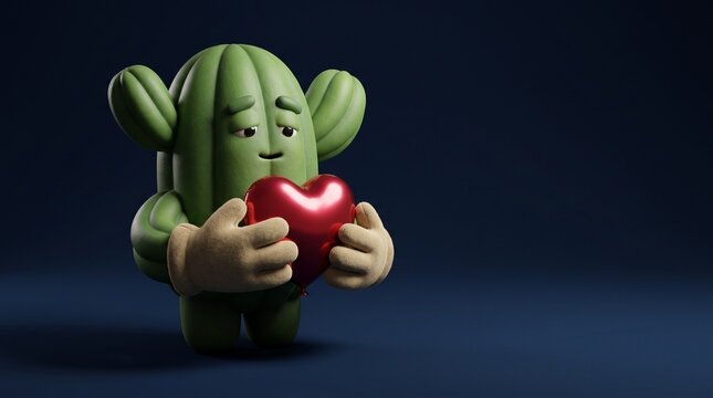 Cute 3D cactus character holding a shiny red heart balloon with a gentle expression on a dark background