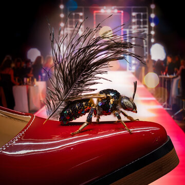 Surreal fashion bee with black feather tail on red high heel shoe, avant-garde insect couture on runway stage, creative high fashion concept with sequined bee and luxury footwear