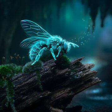 Bioluminescent honey bee glowing with neon cyan light on a mossy forest log. Ethereal insect photography featuring a magical glowing bee in a dark enchanted woodland. Fantasy nature scene with a