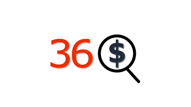 36 dollar price tag with magnifying glass animation for e-commerce and financial marketing search discount