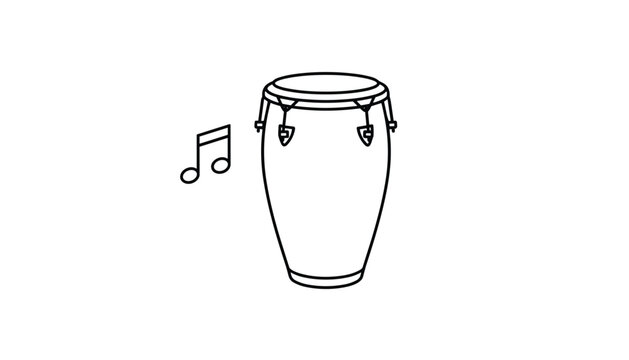 Line drawing of a traditional conga drum with musical notes representing rhythmic beats and percussion instruments.