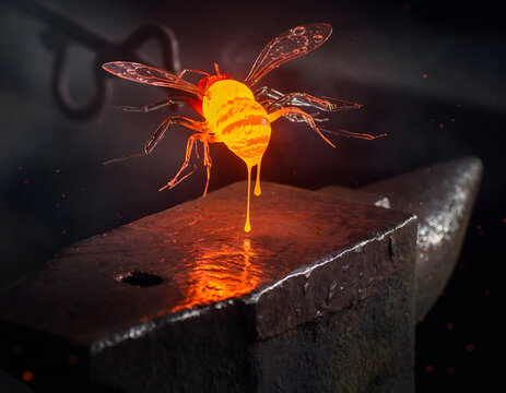 Molten glass bee sculpture glowing on blacksmith anvil, fiery orange insect figure dripping liquid glass in dark forge, artistic glassblowing craftsmanship of honeybee