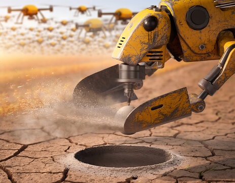 Industrial yellow robotic arm digging in dry cracked earth, autonomous agricultural robot working on parched soil under a swarm of flying drones, futuristic smart farming technology for desert