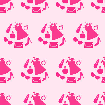 Vibrant pink seamless pattern of women's fashion icon accessories; a stylish, modern lifestyle background design.