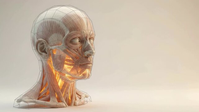 Anatomical 3D model of a human head highlighting the facial muscle structure and a digital wireframe mesh against a clean neutral background.
