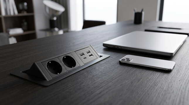 Pop up power socket module on modern office meeting table