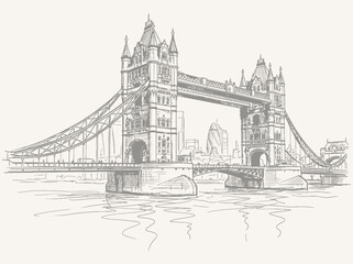 Obraz premium Hand-drawn sketch of Tower Bridge over the Thames River in London.