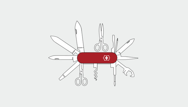 Multi-tool Swiss army knife illustration with various open blades, scissors, and screwdrivers on grey background.