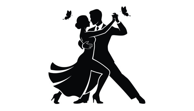 Black silhouette of a couple elegantly dancing ballroom tango under flying butterflies on a white background.