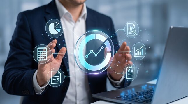 Business analyst holding glowing financial chart and data analysis icons in virtual interface representing investment growth and financial management technology concept