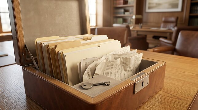 A wooden box containing important paper files and a silver key representing the management of company assets in office