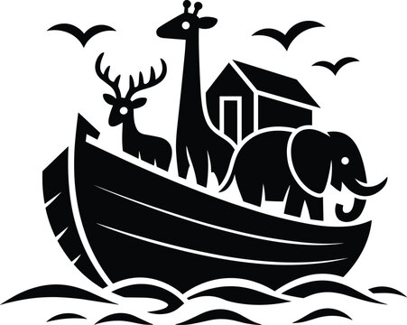 Noah's Ark silhouette icon, biblical flood ship with animals sailing on waves vector illustration