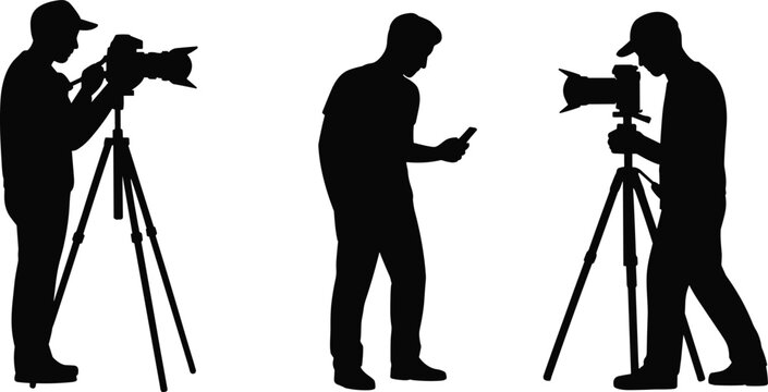 Photographer and videographer silhouettes set, camera operator crew with tripods vector media production illustration