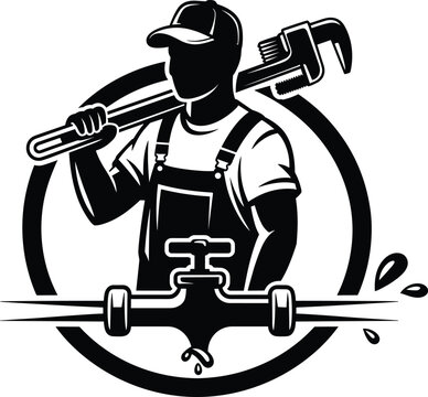 Plumber worker holding pipe wrench emblem, plumbing service handyman technician vector logo mascot illustration