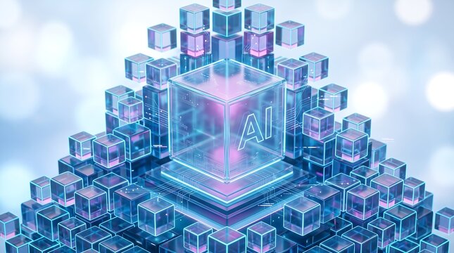 Futuristic concept featuring a glowing cube with neural network patterns and floating geometric blocks in a clean digital environment
