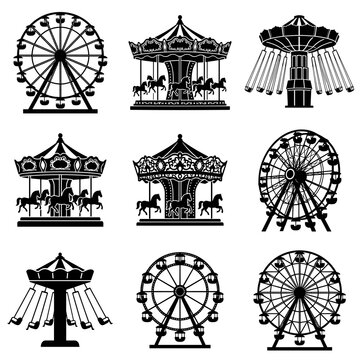 Collection of black amusement park ride silhouettes including Ferris wheels, horse carousels, and chain swing rides isolated on white for graphic design.