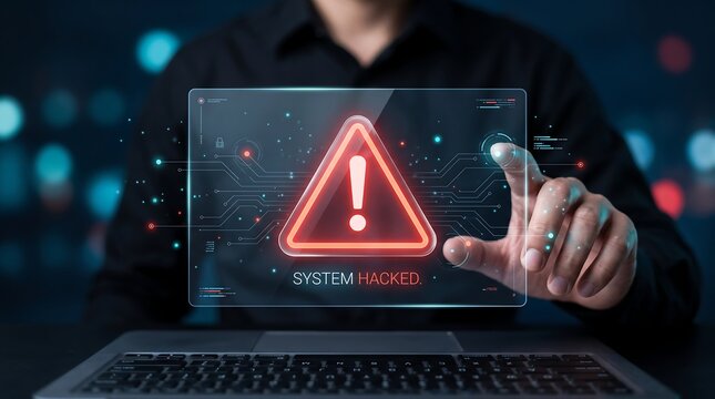 System hacked warning message displayed on digital hologram interface by unrecognizable person using laptop for cyber security threat analysis and data breach incident response simulation