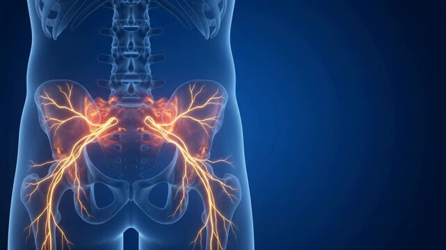 3D medical animation showing inflammation or pain in the sacroiliac joints of a human skeleton on a blue background.