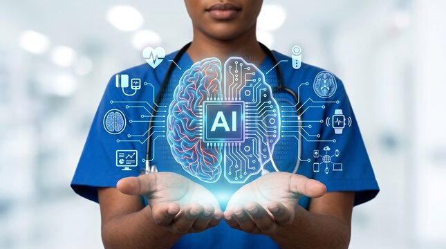 Healthcare worker holding glowing digital brain model with integration icons for medical technology and advanced clinical research in modern hospital setting