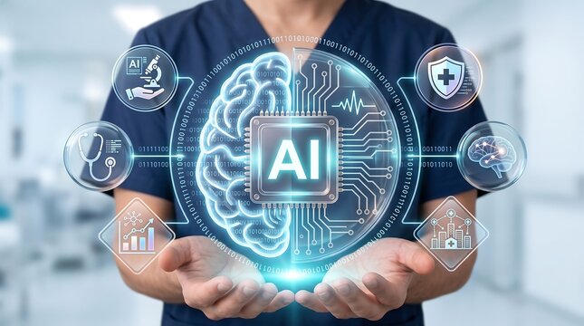 Medical professional presenting advanced digital brain interface with chip and binary code for neural network analysis in sterile healthcare environment