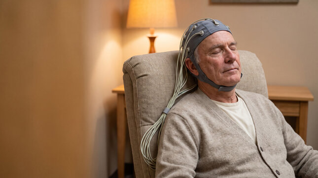 Senior man in EEG electrode cap resting in armchair, eyes closed