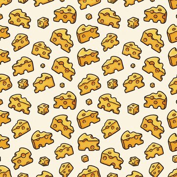 Seamless pattern of yellow cheese slices, cubes with holes. Playful food illustration features scattered dairy pieces on cream background. Tasty swiss cheese design suitable for menu, kitchen decor,