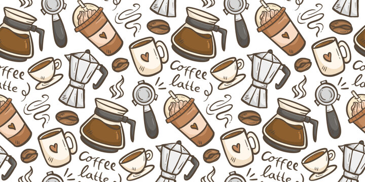 Coffee brew doodle background. Barista doodle pattern. Coffee shop pattern background. Seamless pattern of coffee menu variation with coffee bean, cup, moka pot, mug, frappe. Cafe background.