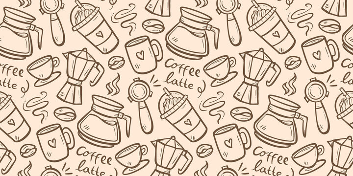 Coffee brew doodle background. Barista doodle pattern. Coffee shop pattern background. Seamless pattern of coffee menu variation with coffee bean, cup, moka pot, mug, frappe. Cafe background.