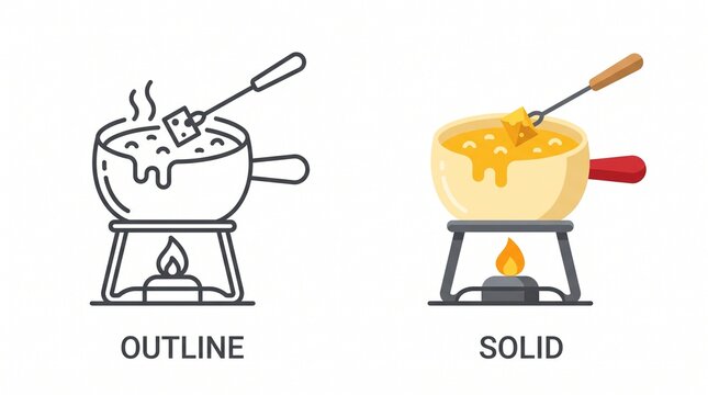 Two fondue pot icons with skewers and flame, showing outline and solid styles symbolizing cooking, warmth, and shared dining.