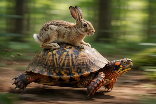 Hare rides on fast turtle shell. Animals race through forest path with motion blur effect. Concept of unlikely teamwork and speed contrast in nature. Humorous friendship tale.