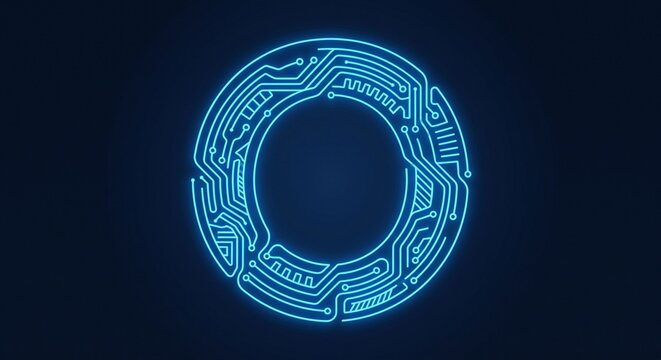 Glowing blue circuit board letter O or circular frame on dark futuristic background
Abstract digital neon tech ring with microchip and electronic line patterns
