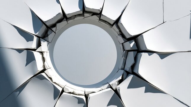 Abstract white wall with circular hole from impact. Shattered concrete surface shows cracks, debris after heavy force. Broken architecture creates rupture in minimal background. Concept of