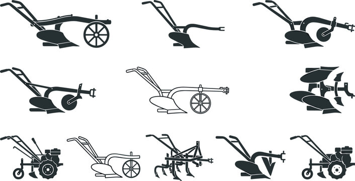 Vintage and Modern Agriculture Plow Silhouette Icon Set with Walk Behind Tractors and Farming Equipment for Agricultural Machinery Graphic Designs