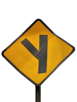 Yellow Y-junction traffic sign isolated on transparent PNG, Perfect for transportation, road safety, and travel concepts.