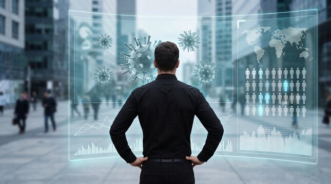 Man standing in city street viewing futuristic holographic medical data virus and population analytics screen
