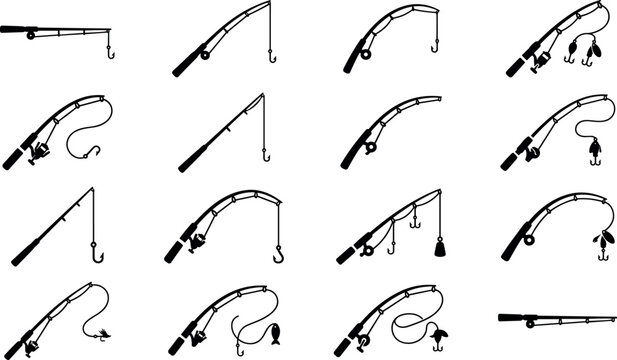 Set of fishing rods, poles, and tackle vector silhouette icons for angling and outdoor sports design templates