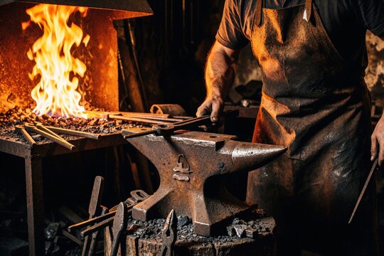 Blacksmith heats metal in forge fire and shapes it on anvil using tools. Craftsman works in traditional workshop with glowing iron. Skilled labor involves intense heat and sparks.