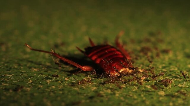 Macro close-up of a swarm of tiny ants scavenging and eating a dead cockroach on floor in dramatic lighting