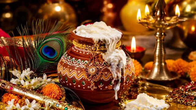 Janmashtami pot with flute and peacock feather