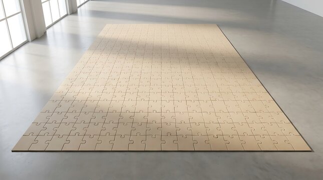 A 500 piece puzzle template laid out on a clean concrete floor in a modern minimalist empty room interior style