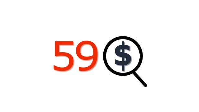 59 dollar price tag with magnifying glass animation for e-commerce and financial marketing search discount