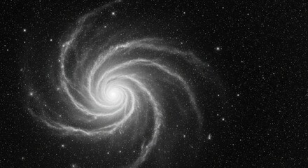Fototapeta premium Black and white spiral galaxy in deep space with bright central core and swirling nebular arms filled with countless distant stars and cosmic dust clouds in the vast dark universe