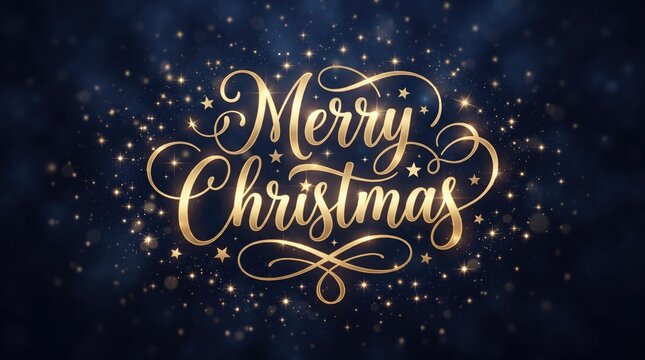 Elegant golden merry christmas calligraphy text on dark blue background with sparkling glitter and bokeh