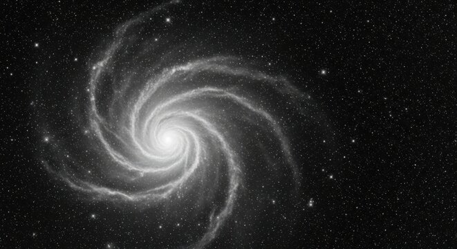 Black and white spiral galaxy in deep space with bright central core and swirling nebular arms filled with countless distant stars and cosmic dust clouds in the vast dark universe