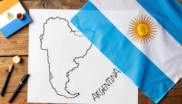 Argentine flag displayed on wooden desk with map of Argentina, national pride