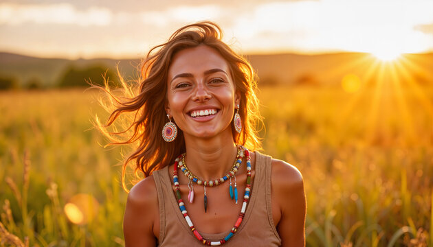 Indigenous girl smiling warmly in sunset grassland, cultural celebration