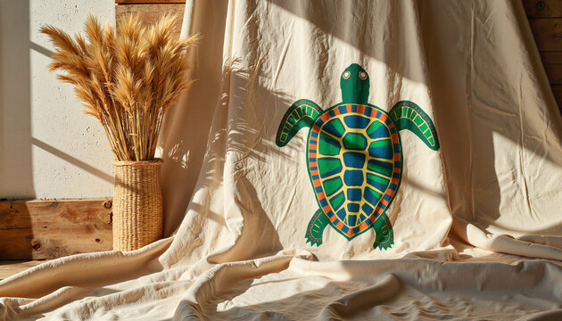 Colorful painted turtle symbol on draped cloth in rustic room, nature inspiration