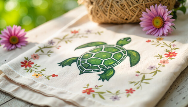 Artistic turtle symbol on floral fabric in serene setting, tranquility